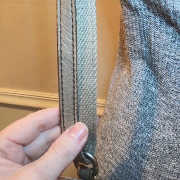 Fossil Leather Trimmed Taupe & Ivory Metallic Brocade Convertible Crossbody - Picture 12 of 15